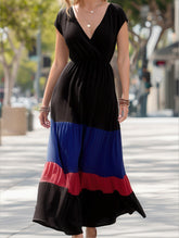 COLOR-CODED SHORT-SLEEVED V-NECK LONG-WAIST DRESS