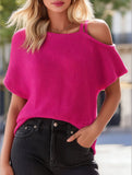 Off Shoulder Short Sleeve Knit T-Shirt ??Cotton Blend Casual Top