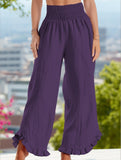 Smocked Waist Ruffled Wide-Leg Pants – Casual High-Rise Flowy Trousers
