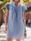 Multi-Layer Lotus Sleeve V-Neck Pullover Dress ??Elegant Women's Polyester Dress