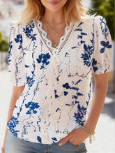 V-Neck Lace Patchwork Print Shirt ??Stylish & Versatile Women?™s Top