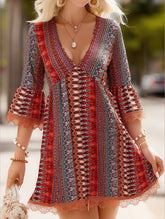 Women's V-Neck Ethnic Print Loose Short Dress ??Bohemian Summer Casual Dress