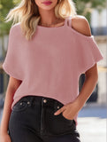 Off Shoulder Short Sleeve Knit T-Shirt ??Cotton Blend Casual Top