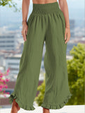 Smocked Waist Ruffled Wide-Leg Pants – Casual High-Rise Flowy Trousers