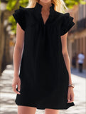 Multi-Layer Lotus Sleeve V-Neck Pullover Dress ??Elegant Women's Polyester Dress