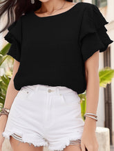 Double-Layered Ruffle Sleeve T-Shirt ??Elegant Crewneck Blouse