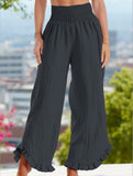 Smocked Waist Ruffled Wide-Leg Pants ??Casual High-Rise Flowy Trousers