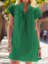 Multi-Layer Lotus Sleeve V-Neck Pullover Dress ??Elegant Women's Polyester Dress