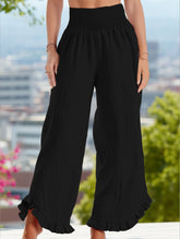 Smocked Waist Ruffled Wide-Leg Pants ??Casual High-Rise Flowy Trousers