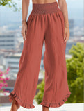 Smocked Waist Ruffled Wide-Leg Pants ??Casual High-Rise Flowy Trousers