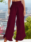 Smocked Waist Ruffled Wide-Leg Pants ??Casual High-Rise Flowy Trousers