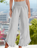 Smocked Waist Ruffled Wide-Leg Pants ??Casual High-Rise Flowy Trousers