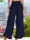 Smocked Waist Ruffled Wide-Leg Pants ??Casual High-Rise Flowy Trousers