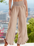 Smocked Waist Ruffled Wide-Leg Pants ??Casual High-Rise Flowy Trousers