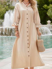 Vintage Buttoned Waist Solid Color Dress ??Classic Elegance