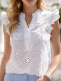 V-Neck Lace Jacquard Flutter Sleeve Blouse ??Elegant Top