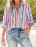 Bold Contrast Stripe Long Sleeve Shirt ??Trendy Women's Button-Up Blouse