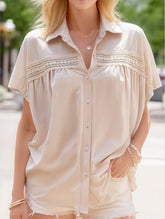 V-Neck Button Up Solid Color Lace Cutout Shirt ??Elegant & Stylish