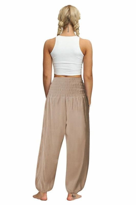 SOLID COLOR ELASTIC WAIST PANTS - Doublju