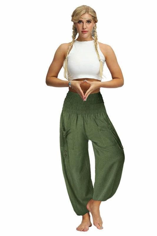 SOLID COLOR ELASTIC WAIST PANTS - Doublju