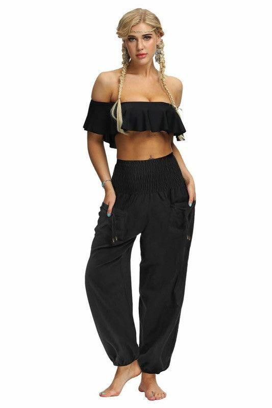 SOLID COLOR ELASTIC WAIST PANTS - Doublju