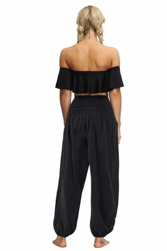 SOLID COLOR ELASTIC WAIST PANTS - Doublju