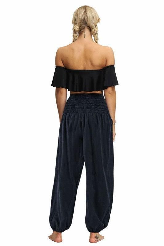 SOLID COLOR ELASTIC WAIST PANTS - Doublju