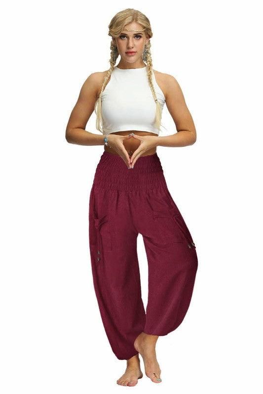 SOLID COLOR ELASTIC WAIST PANTS - Doublju