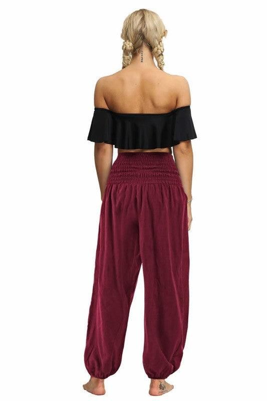 SOLID COLOR ELASTIC WAIST PANTS - Doublju