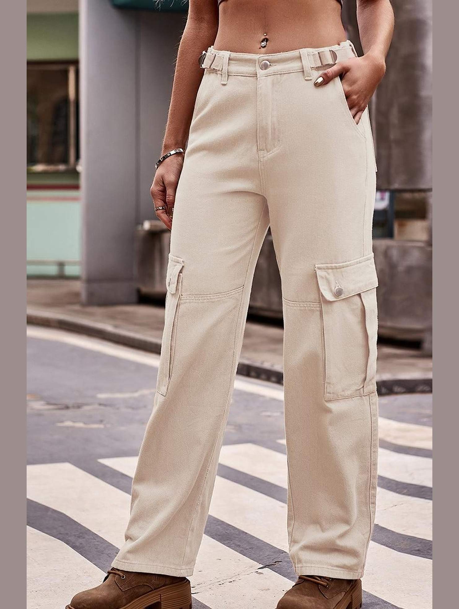 ADJUSTABLE WAIST LONG CARGO PANTS - Doublju