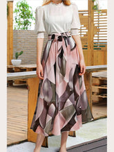 FLORAL PATTERN WAIST TIE CHIFFON MIDI DRESS - Doublju