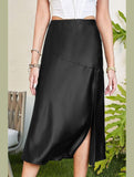 SILKY SATIN ELASTIC WAIST A LINE SKIRT WITH SLIT - Doublju