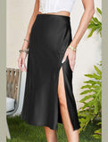 SILKY SATIN ELASTIC WAIST A LINE SKIRT WITH SLIT - Doublju