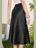 SILKY SATIN ELASTIC WAIST A LINE SKIRT WITH SLIT - Doublju