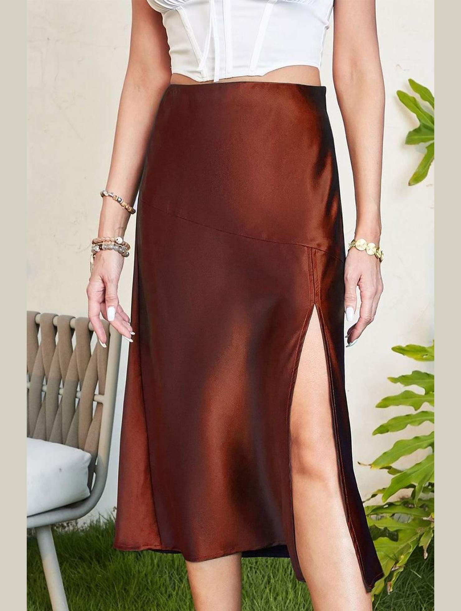 SILKY SATIN ELASTIC WAIST A LINE SKIRT WITH SLIT - Doublju