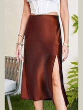 SILKY SATIN ELASTIC WAIST A LINE SKIRT WITH SLIT - Doublju