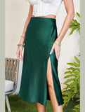 SILKY SATIN ELASTIC WAIST A LINE SKIRT WITH SLIT - Doublju