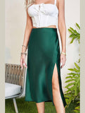 SILKY SATIN ELASTIC WAIST A LINE SKIRT WITH SLIT - Doublju