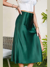 SILKY SATIN ELASTIC WAIST A LINE SKIRT WITH SLIT - Doublju