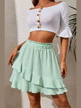 WOMEN RUFFLED HIGH ELASTIC WAIST SHORT SKIRT