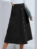 WOMEN FRONT BUTTON UP CORDUROY A LINE MIDI SKIRT