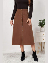 WOMEN FRONT BUTTON UP CORDUROY A LINE MIDI SKIRT