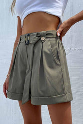 HIGH WAIST BELTED POCKET SHORT PANTS - Doublju