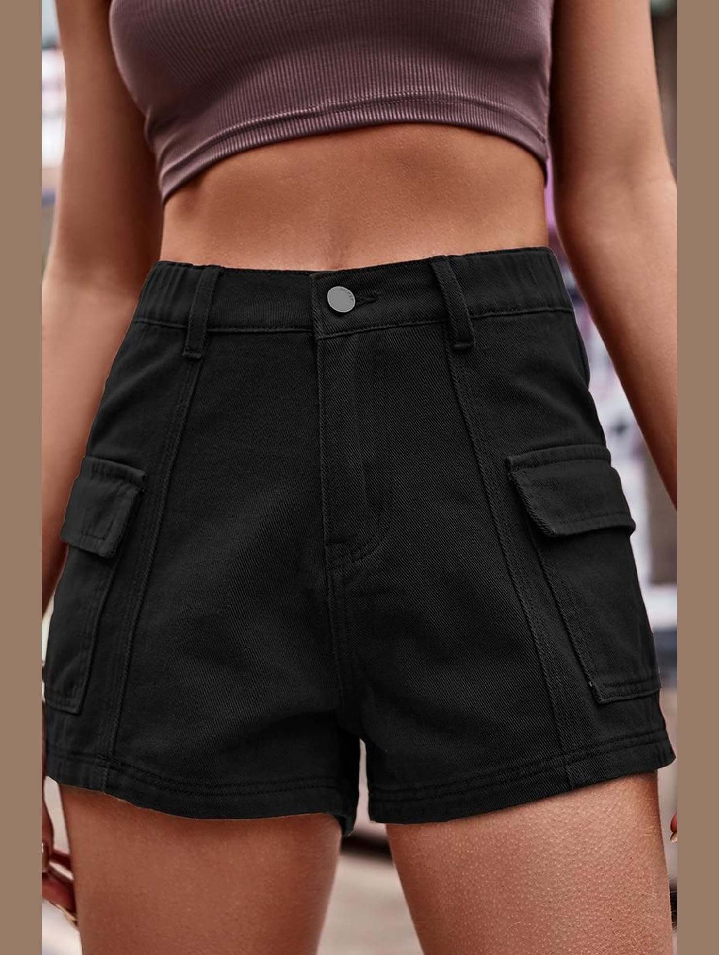 FLAT POCKET ELASTIC WAIST CARGO SHORTS - Doublju