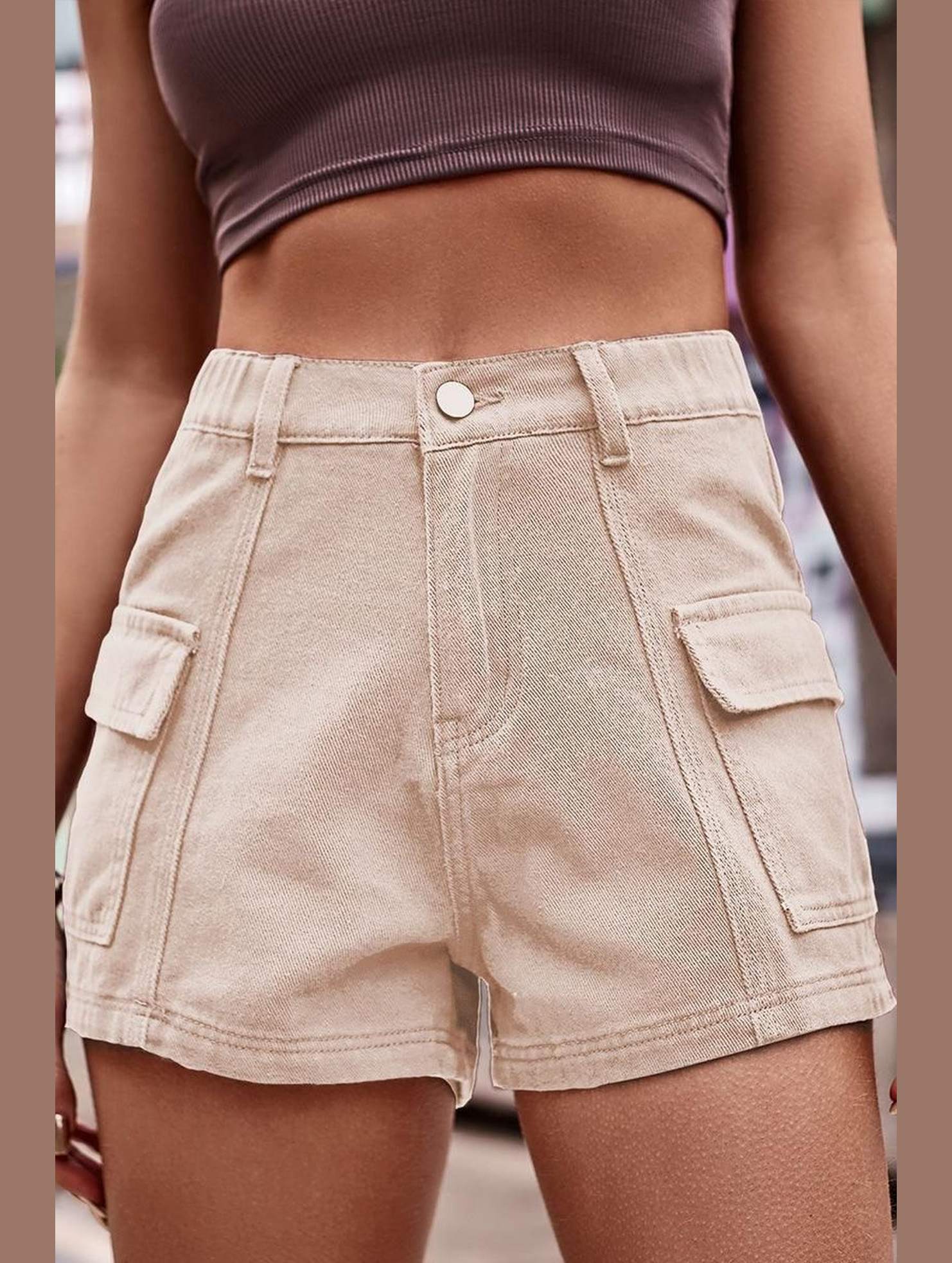 FLAT POCKET ELASTIC WAIST CARGO SHORTS - Doublju