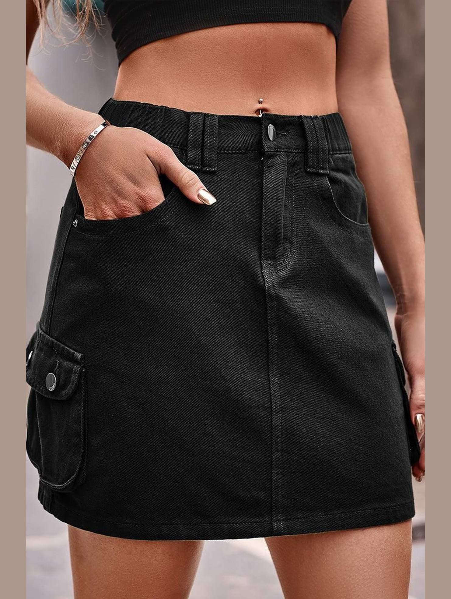 SIDE MINI POCKET ELASTIC WAIST CASUAL CARGO SKIRT - Doublju