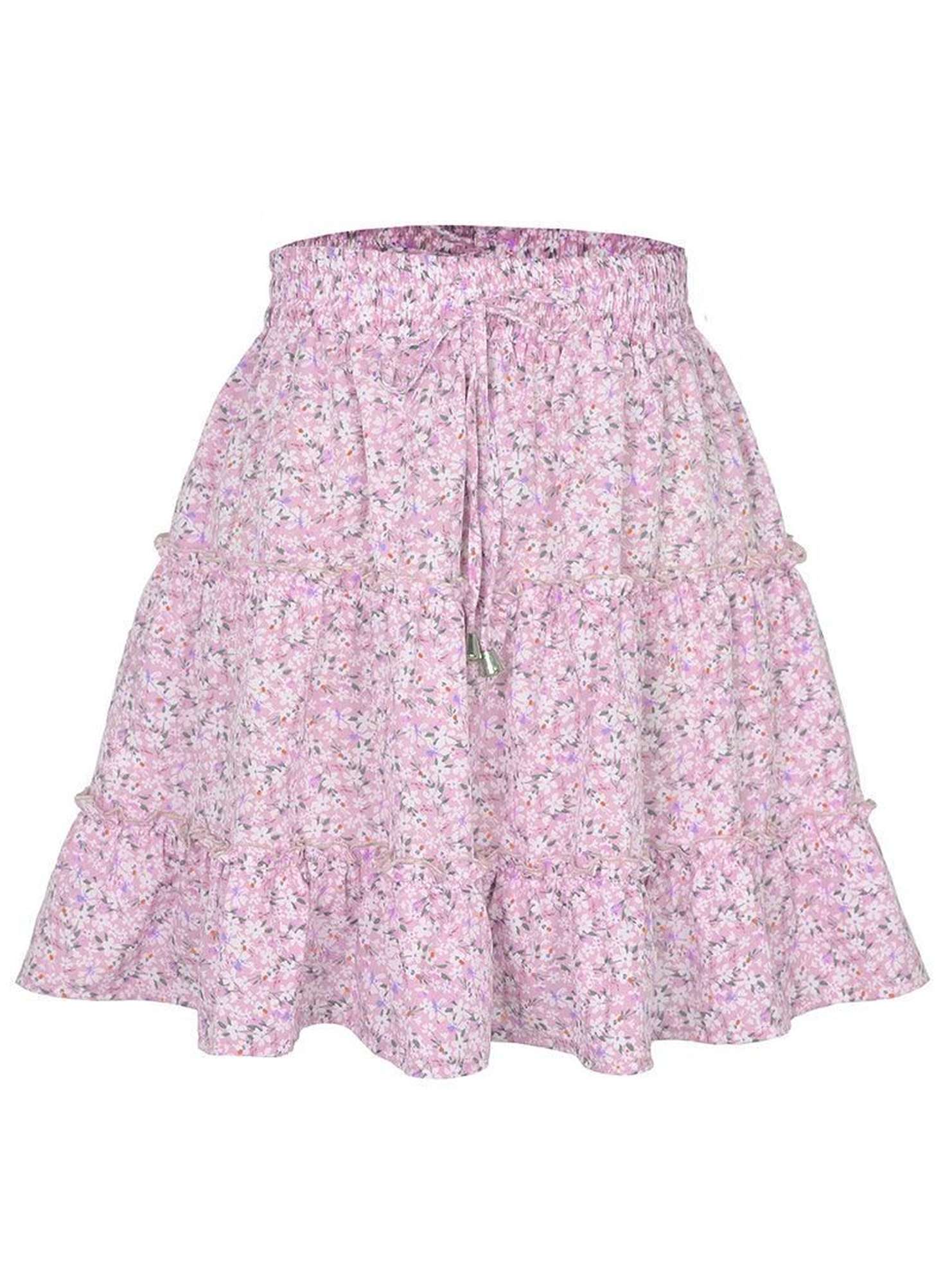 HIGH WAISTED RUFFLED FLORAL A LINE SHORT SKIRT - Doublju