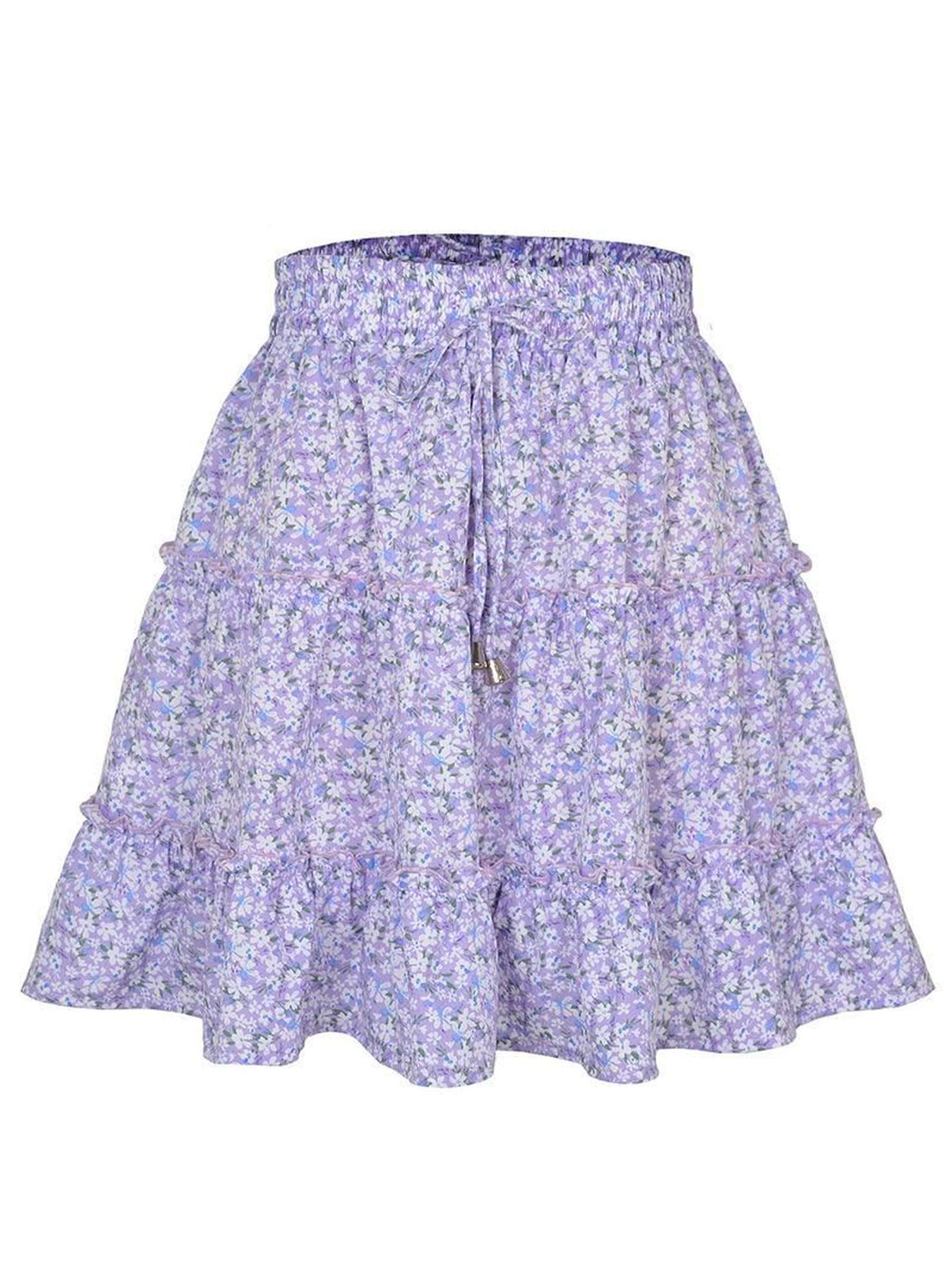 HIGH WAISTED RUFFLED FLORAL A LINE SHORT SKIRT - Doublju