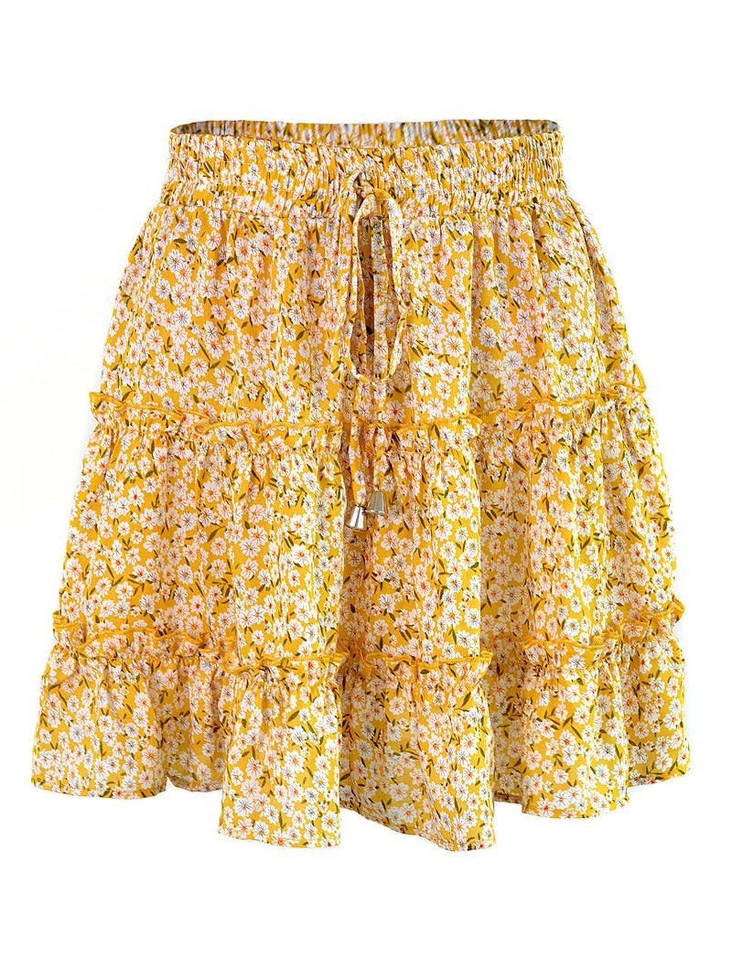 HIGH WAISTED RUFFLED FLORAL A LINE SHORT SKIRT - Doublju