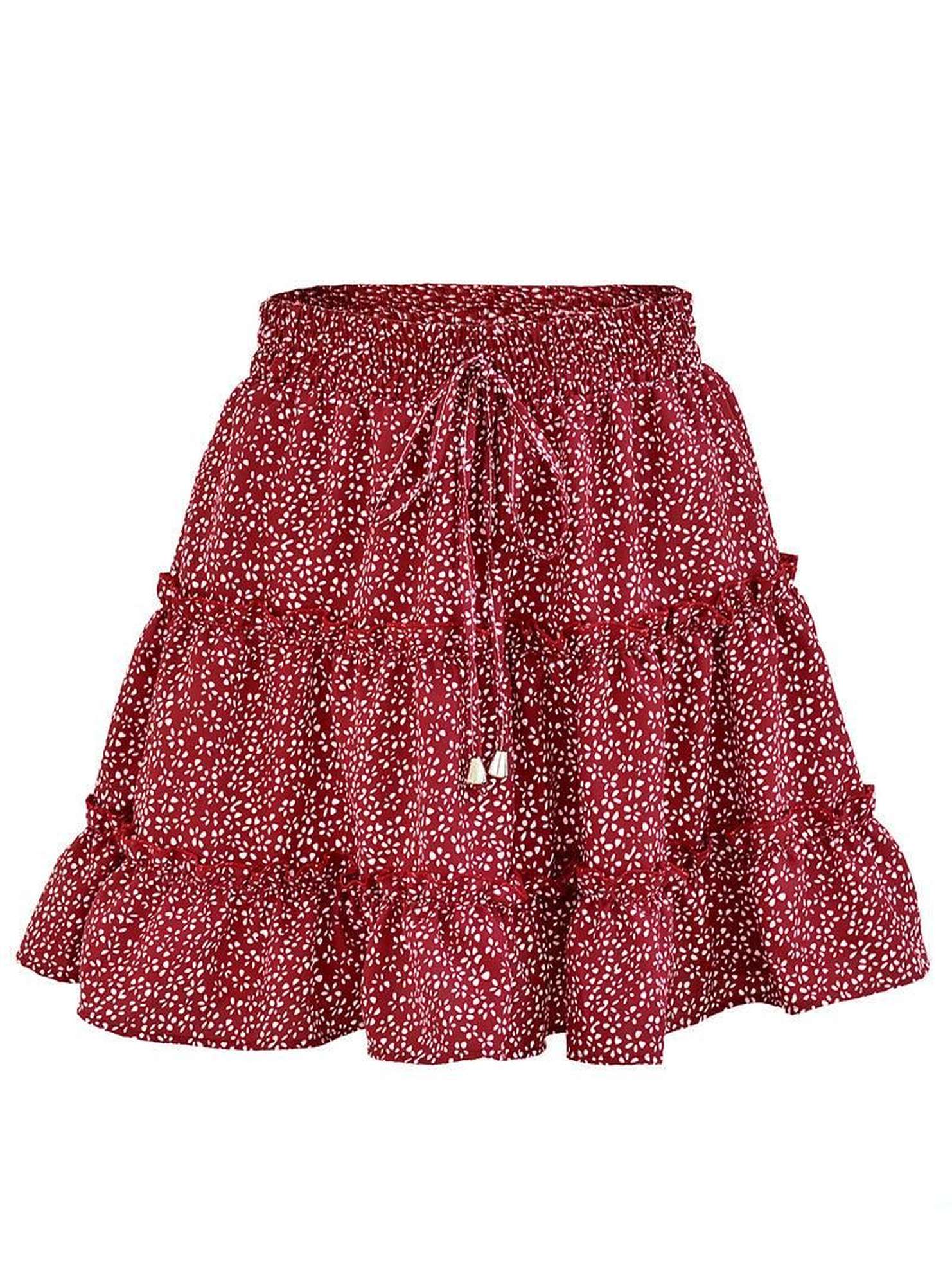 WOMEN HIGH WAISTED RUFFLED FLORAL A LINE SKIRT - Doublju